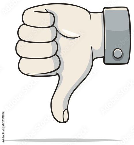 Cartoon hand giving thumbs down gesture, negative sign, disapproval concept