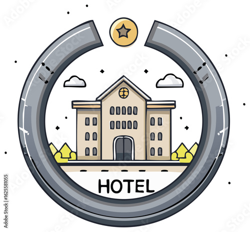 Stylized hotel building with a circular road and a star emblem above