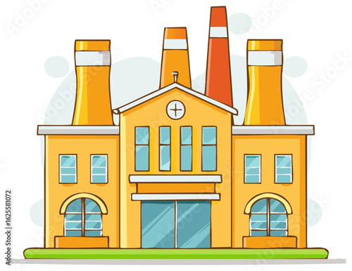 Cartoon illustration of a yellow industrial factory building with large smokestacks