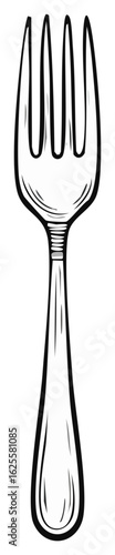 Hand drawn line art illustration of a classic dining fork utensil with four tines