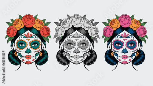 Three Sugar Skull Women With Flower Crowns Dia de los Muertos Illustration