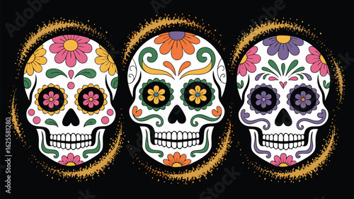 Three Sugar Skulls Decorated with Colorful Flowers and Ornate Designs on a Black Background