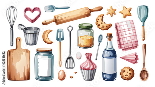Watercolor Baking Tools and Ingredients Rolling Pin, Cookies, Spatula, Whisk, Cupcake, and Cutting Board