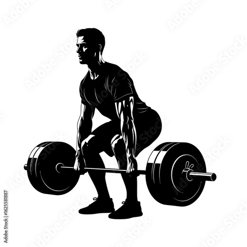 Man performing a barbell back squat exercise, black and white silhouette illustration.