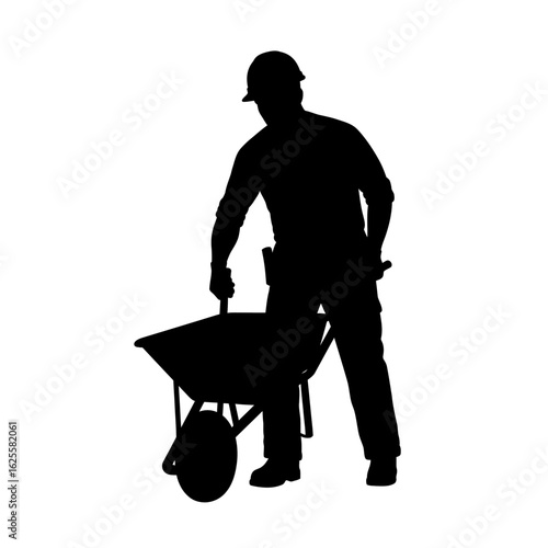 Silhouette of a construction worker with a wheelbarrow, ready for work.