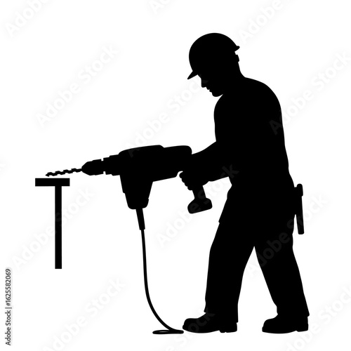 Silhouette of a construction worker drilling a hole into a metal T-beam, wearing a hard hat and work boots.