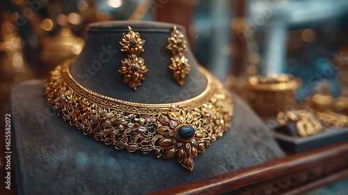 Elaborate gold choker necklace with dark gemstone and matching earrings