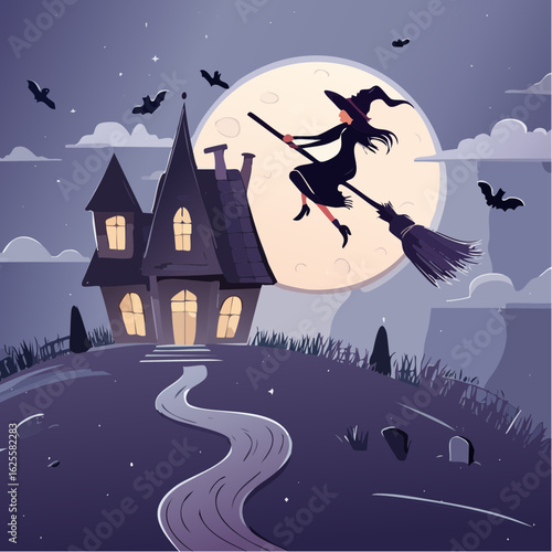 Vector Image:  Halloween Night with a Witch on a Broomstick Flying Across the Sky 8