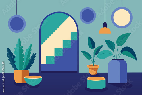 room decorated with indoor plants and mirrors  .eps