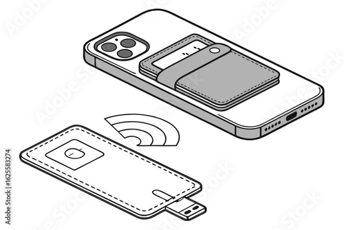 Smartphone with card holder and wireless charging accessory silhouette isolated on white background