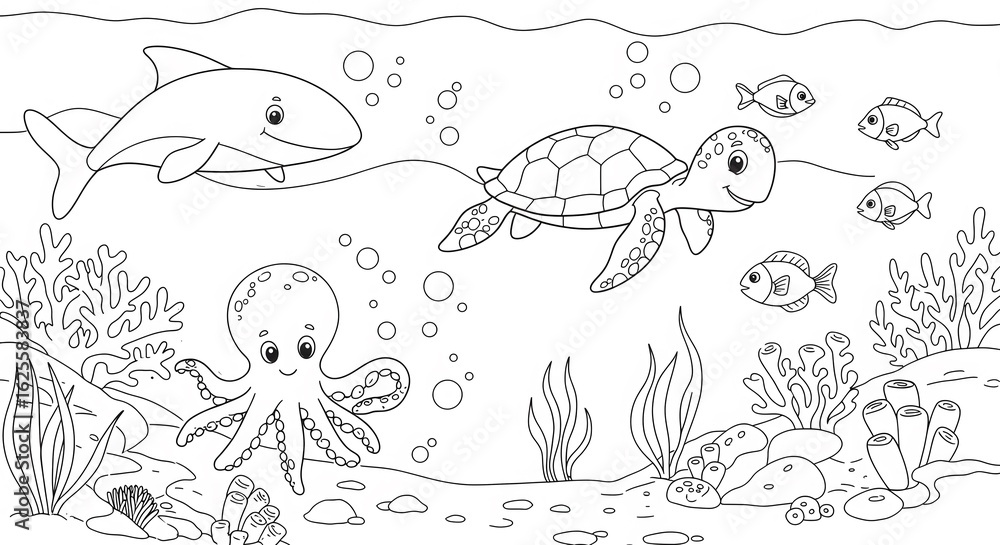 Obraz premium Underwater Coloring Page Shark Turtle Octopus Fish and Coral Reef Scene.