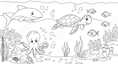 Fototapeta Naklejka Na Ścianę i Meble -  Underwater Coloring Page Shark Turtle Octopus Fish and Coral Reef Scene.