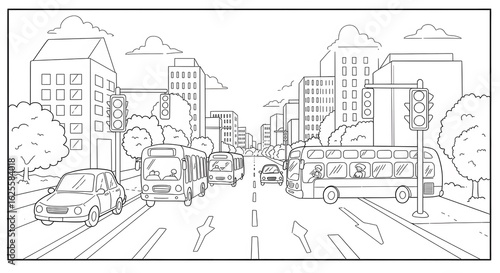 Wallpaper Mural Urban Street Scene Colorful Cityscape with Traffic and Traffic Lights Ready for Coloring. Torontodigital.ca