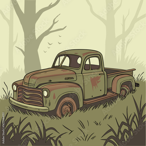 Retro pickup truck abandoned in overgrown field silhouette isolated on white background
