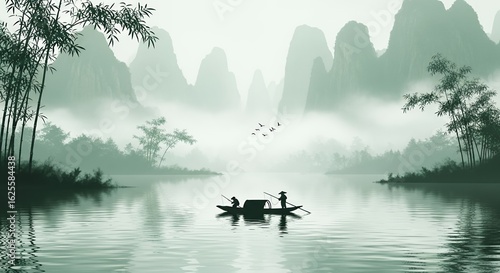 Serene Landscape with Boat and Bamboo