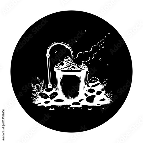 Distillation process illustration featuring a still kettle with vapor steam amidst rocks and wheat in graphic art