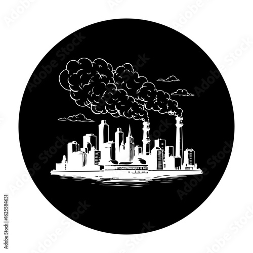 Industrial city skyline with billowing smoke pollution depicting environmental issues and urban challenges for future generations and growth
