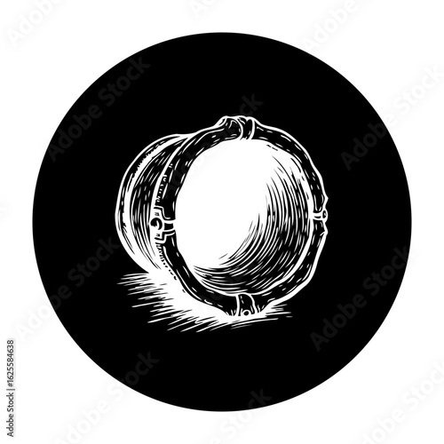 Monochrome illustration of a wooden barrel circle on black background showcasing craftsmanship and tradition suggesting rustic charm