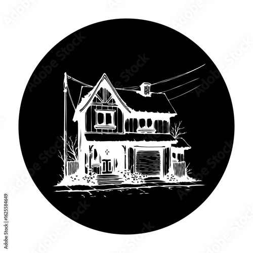 Artistic black and white illustration of a cozy house evoking nostalgia and simplicity with lines