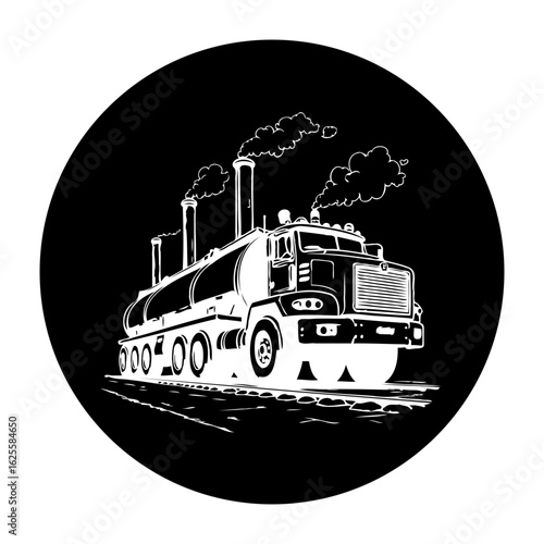 Vector illustration of a vintage tanker truck against a black background with smoke coming out of the smokestack