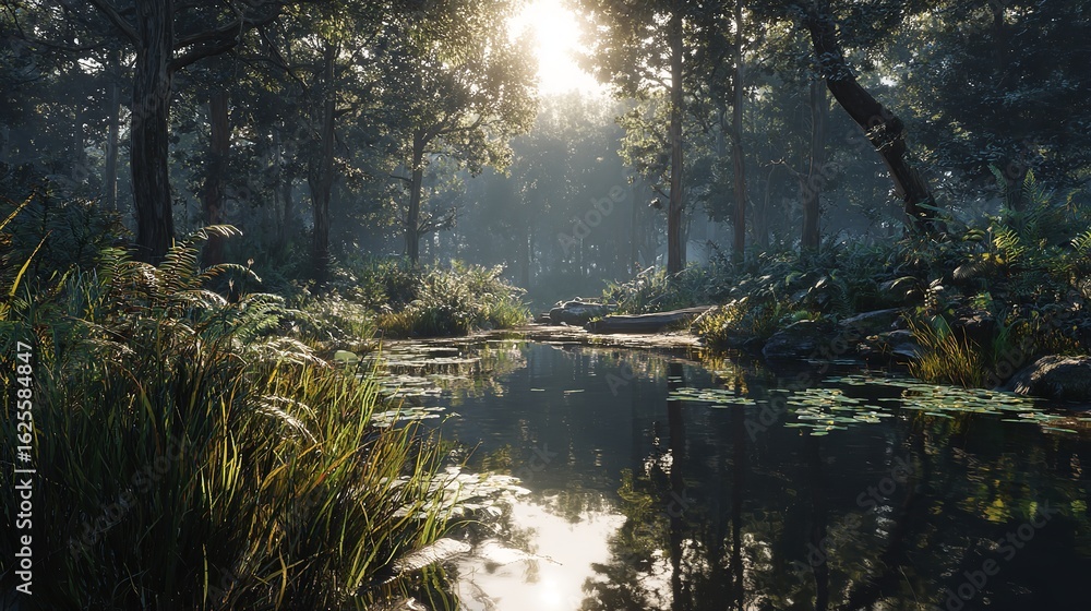 Obraz premium Serene forest pond reflecting the dawn s first light awakening nature with on transparent background