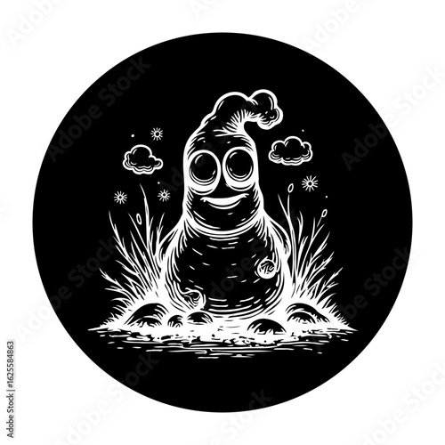 Whimsical illustration featuring a friendly ghost rising from a grassy patch with playful clouds floating nearby on dark background