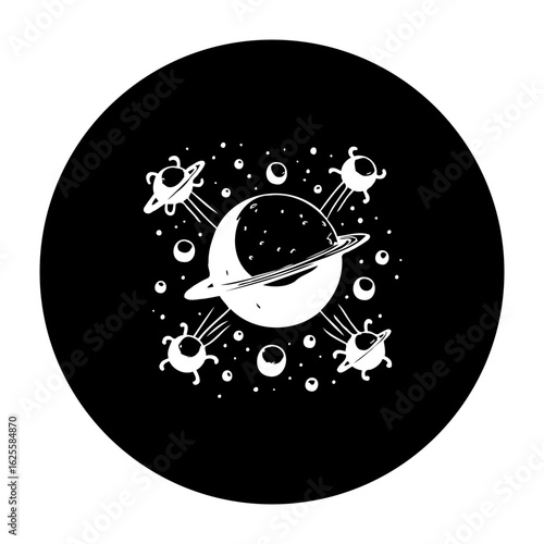Minimalist Illustration of Planet with Rings Surrounded by Flying Saucers and Stars on Dark Background