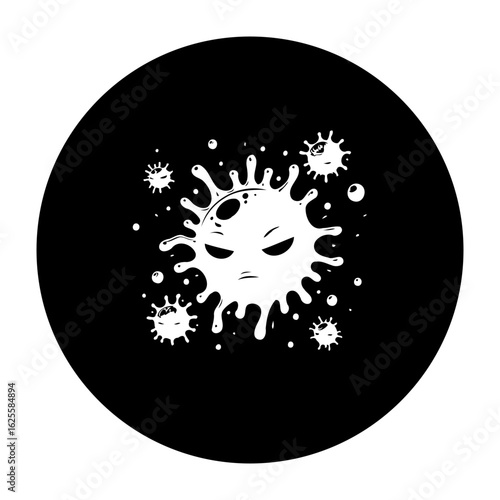 Illustration of a menacing virus in monochrome depicting the spread of an infectious disease threat to society
