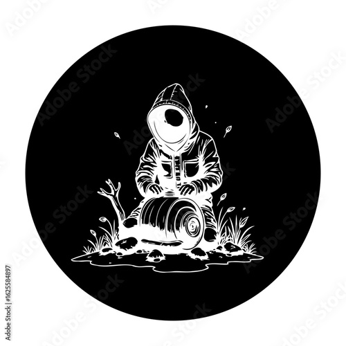 Abstract hooded figure and snail shell artistic creation concept in surreal environment displaying monochrome design elements