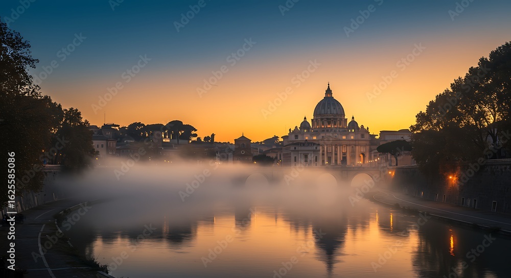 Obraz premium St. Peter’s Basilica at Sunrise with Fog over Tiber River in Vatican City, Rome 