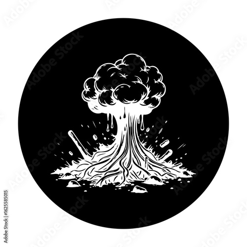 Monochrome explosion artwork portraying the destructive power of uncontrolled energy and its far reaching consequences representing transformation