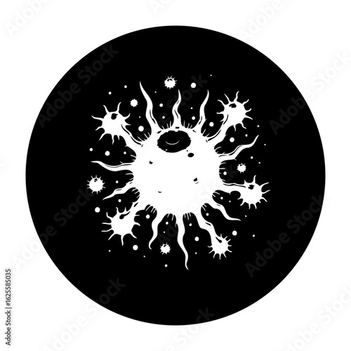 Abstract conceptual illustration of a virus or cell with protrusions and spots in a circular design