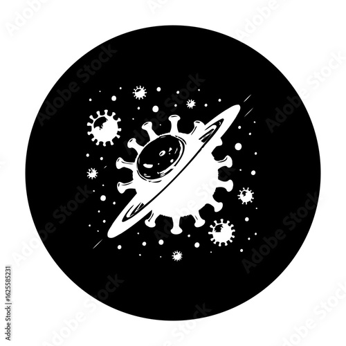 Black and white circular illustration representing a virus with orbiting ring surrounded by smaller viral particles and stars