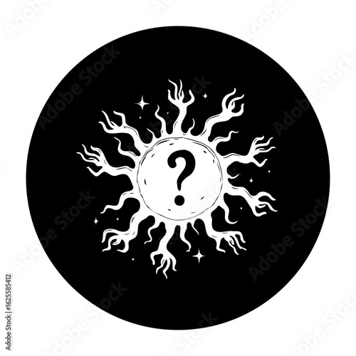 Mysterious cosmic question mark symbol radiating white light on a black circular background with stars around it