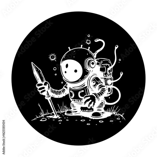 Black and white illustration of a whimsical astronaut character exploring an alien world with spear design