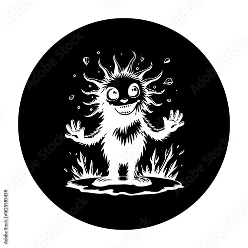 Whimsical black background white monster with expressive eyes smiles mischievously on a puddle character illustration