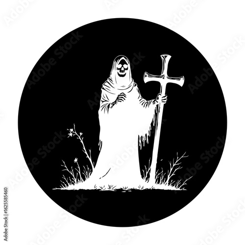 Tableau sur toile Grim Reaper with Cross in a Dark Circle Illustration Depicting Death and Afterli