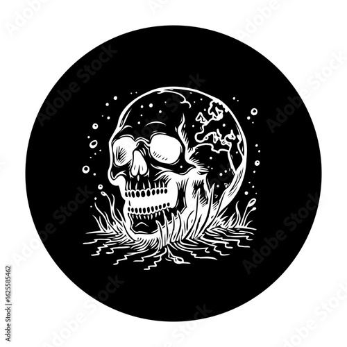 Global demise concept shows the consequences of climate change and human impact destroying earth with skull