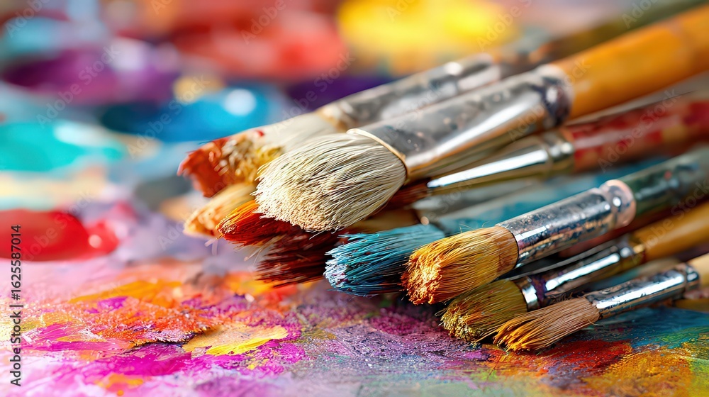 Obraz premium Colorful Paintbrushes and Palette on Artistic Surface