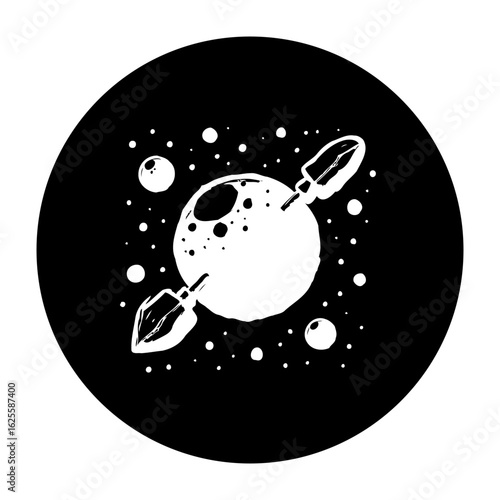 Illustrative exploration of space and the cosmos featuring planetary objects and rocket, science fiction theme