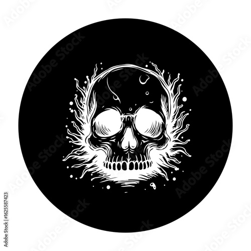 A skull illustration against a black background evokes dark halloween spooky spirit artistic drawing isolated graphic for design projects