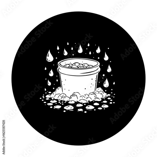 Illustration of a bucket filled with water and bubbles surrounded by droplets against a black background circle