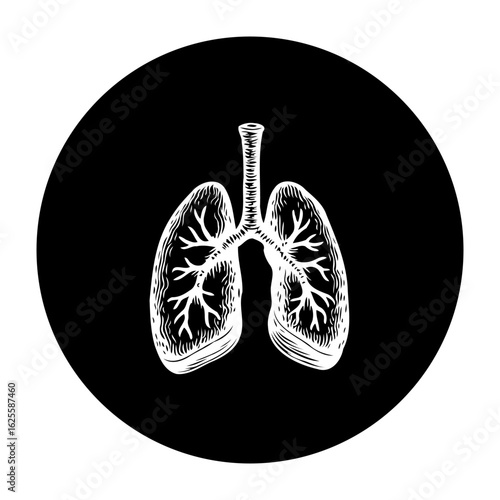 Anatomical illustration of human lungs in a circular frame depicting respiratory system health