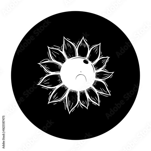 Monochrome melancholy sunflower illustration radiating sadness featuring delicate petals against a stark black circular background providing contrast