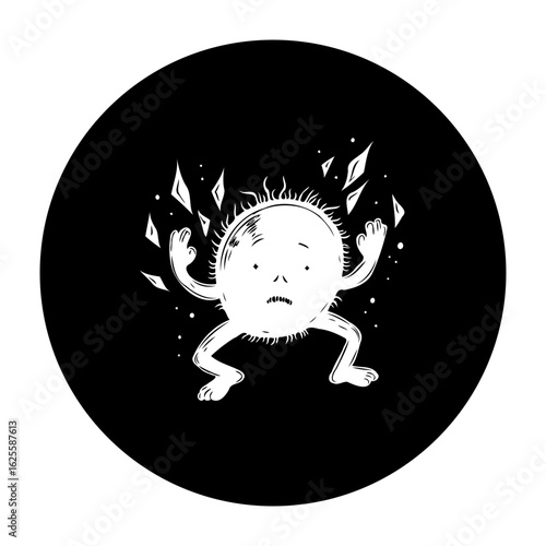 Sad vulnerable sun character illustration surrounded by shattered crystals symbolizing fragility within a black background circle