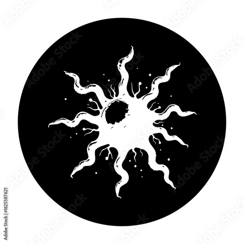 Stylized sun with expressive tentacles radiating on black circular canvas delivering organic feel illustration