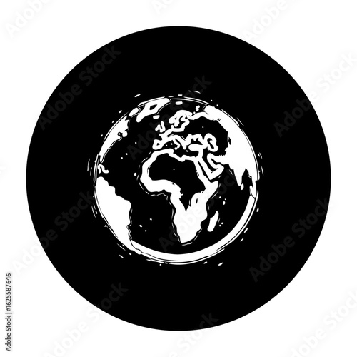 Black and white earth illustration depicting global connection and environmental themes with continents showing africa and europe