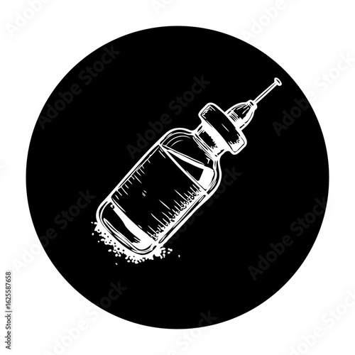 Conceptual vector illustration of a white drawn vaccine bottle against a black circular background art
