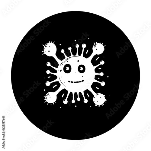Cartoon depiction of a virus or bacteria on a black background created with white lines artwork