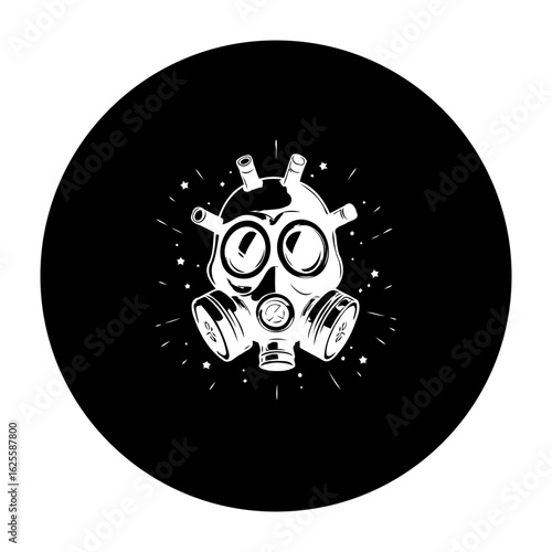 Dramatic gas mask illustration in stark black and white creating an eerie and cautionary image